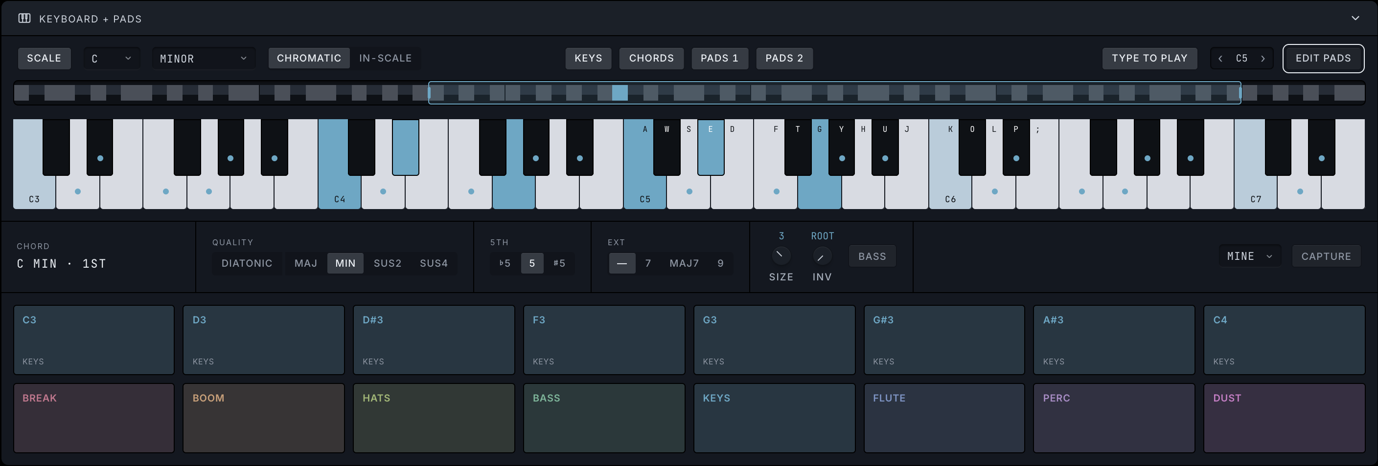 The KEYBOARD + PADS dock with CHORDS on and a chord lit