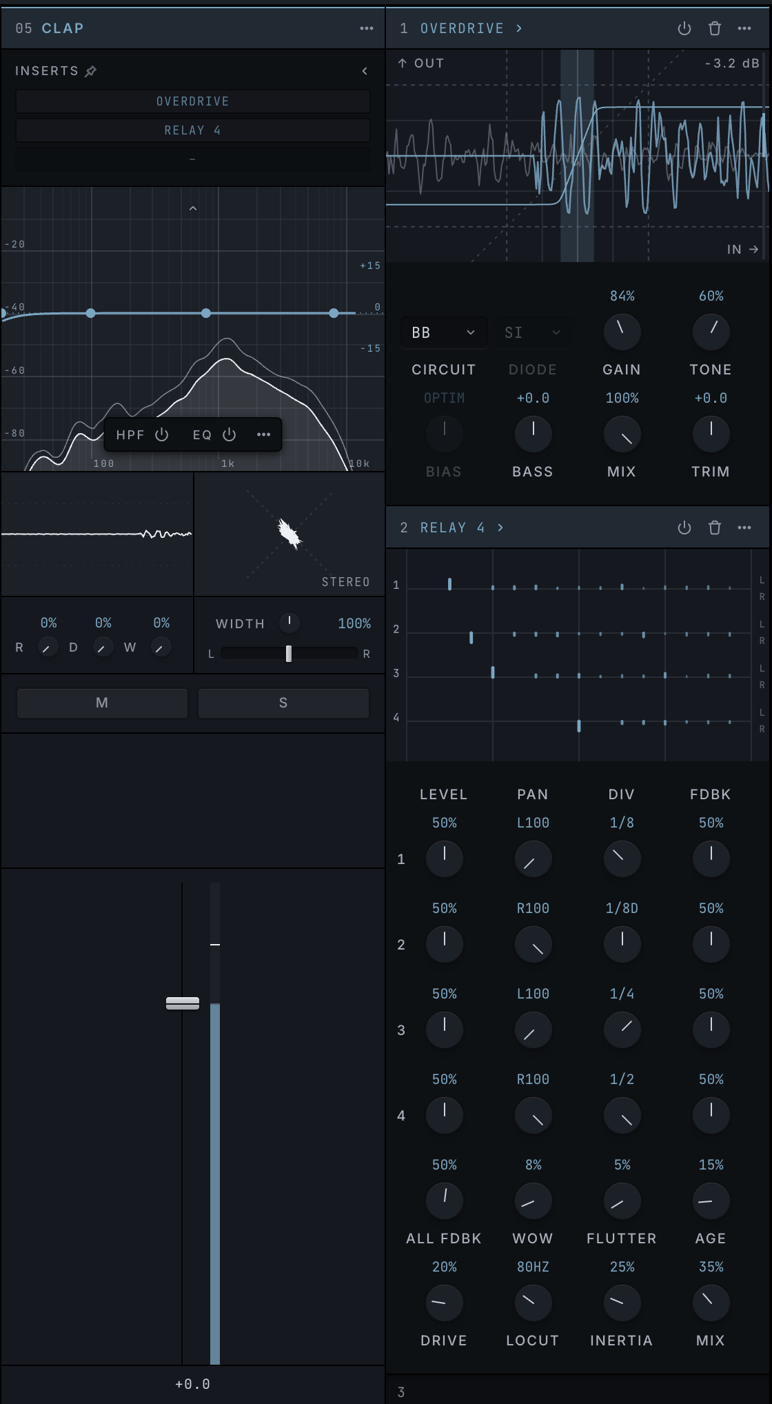 The same channel opened, with its EQ, its scopes and its inserts