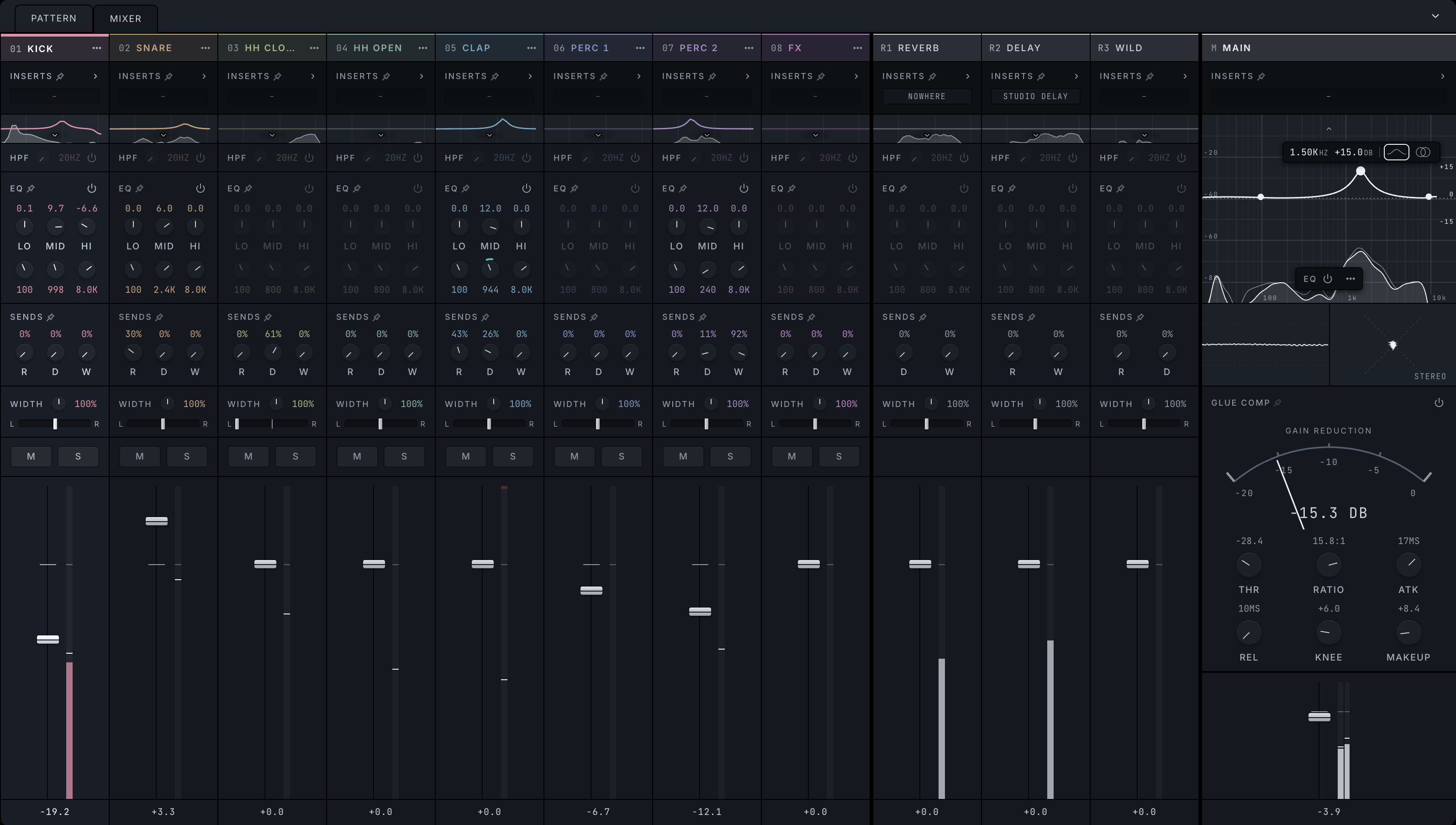 The MIXER tab with inserts open on its channels and MAIN