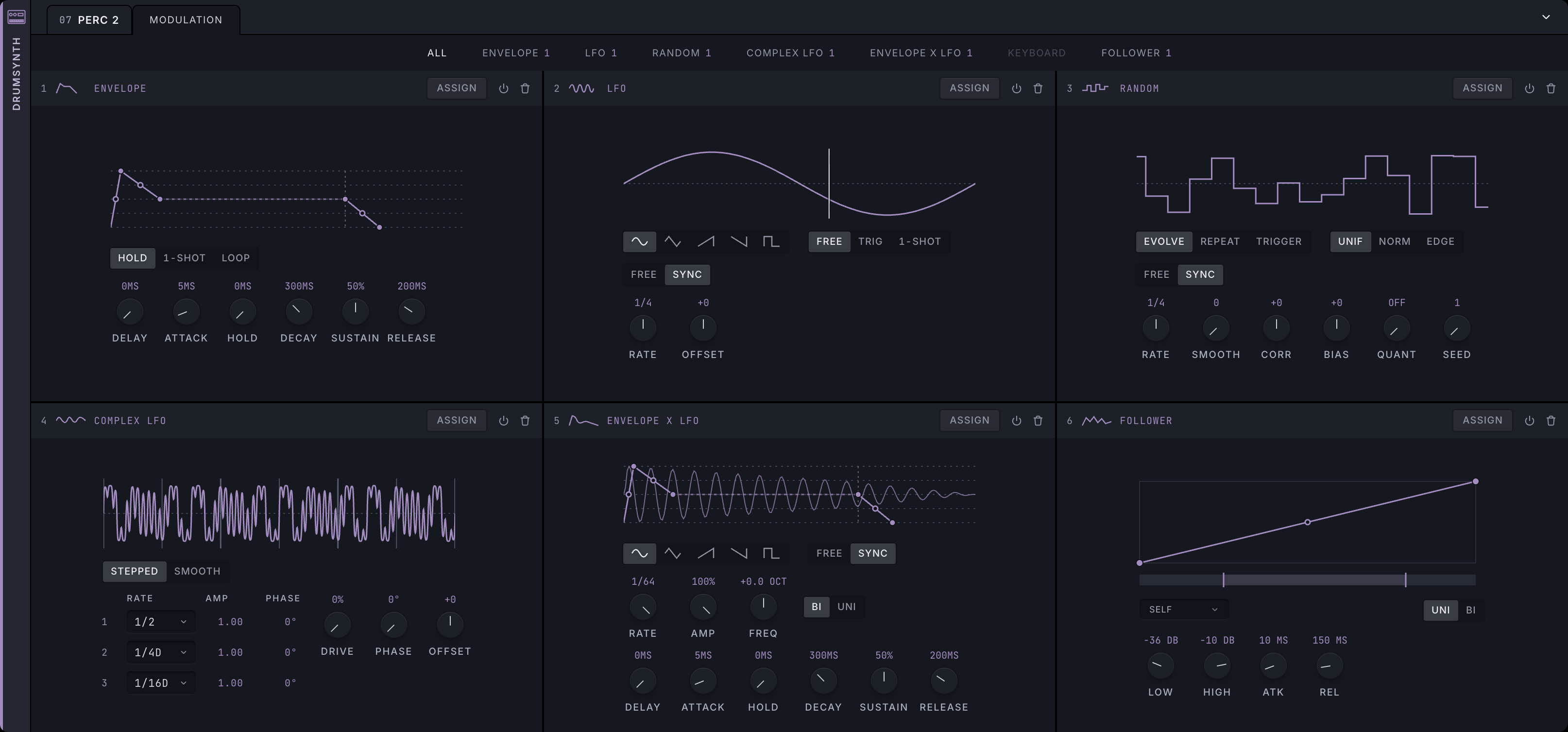 The MODULATION tab with six modulators on one track