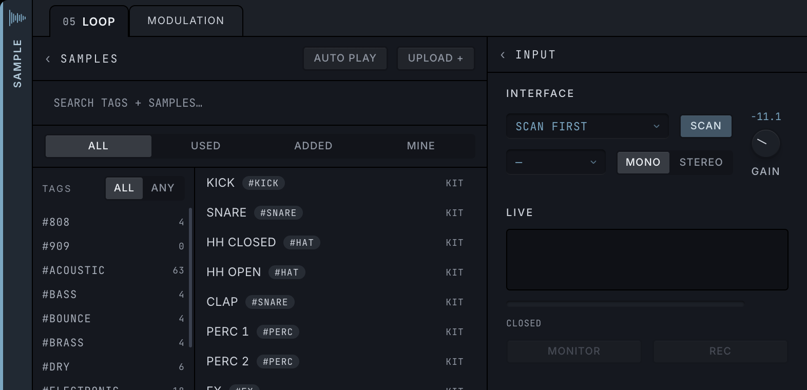 The SAMPLE drawer's SAMPLES browser and its INPUT