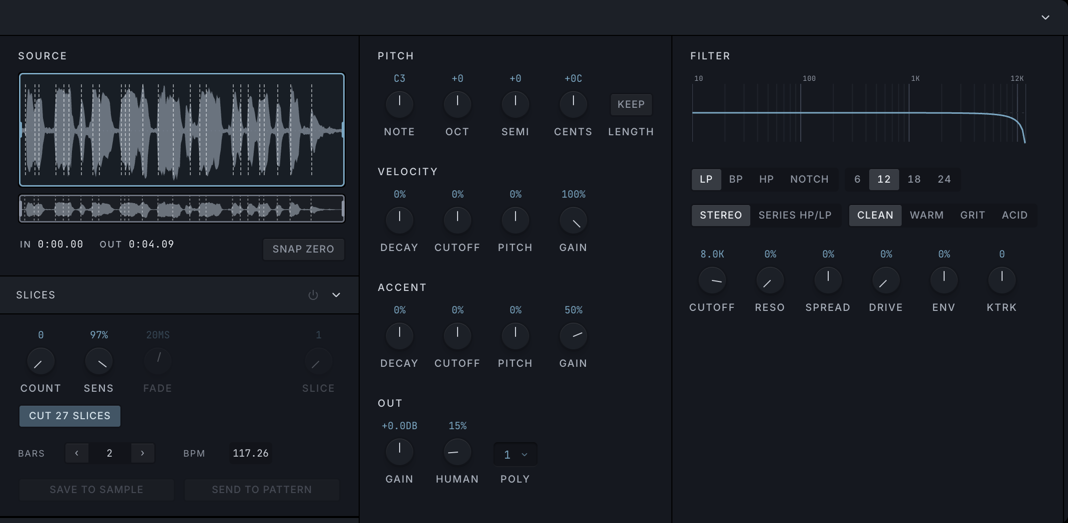 The SAMPLE drawer's SOURCE and SLICES, its PITCH and its FILTER