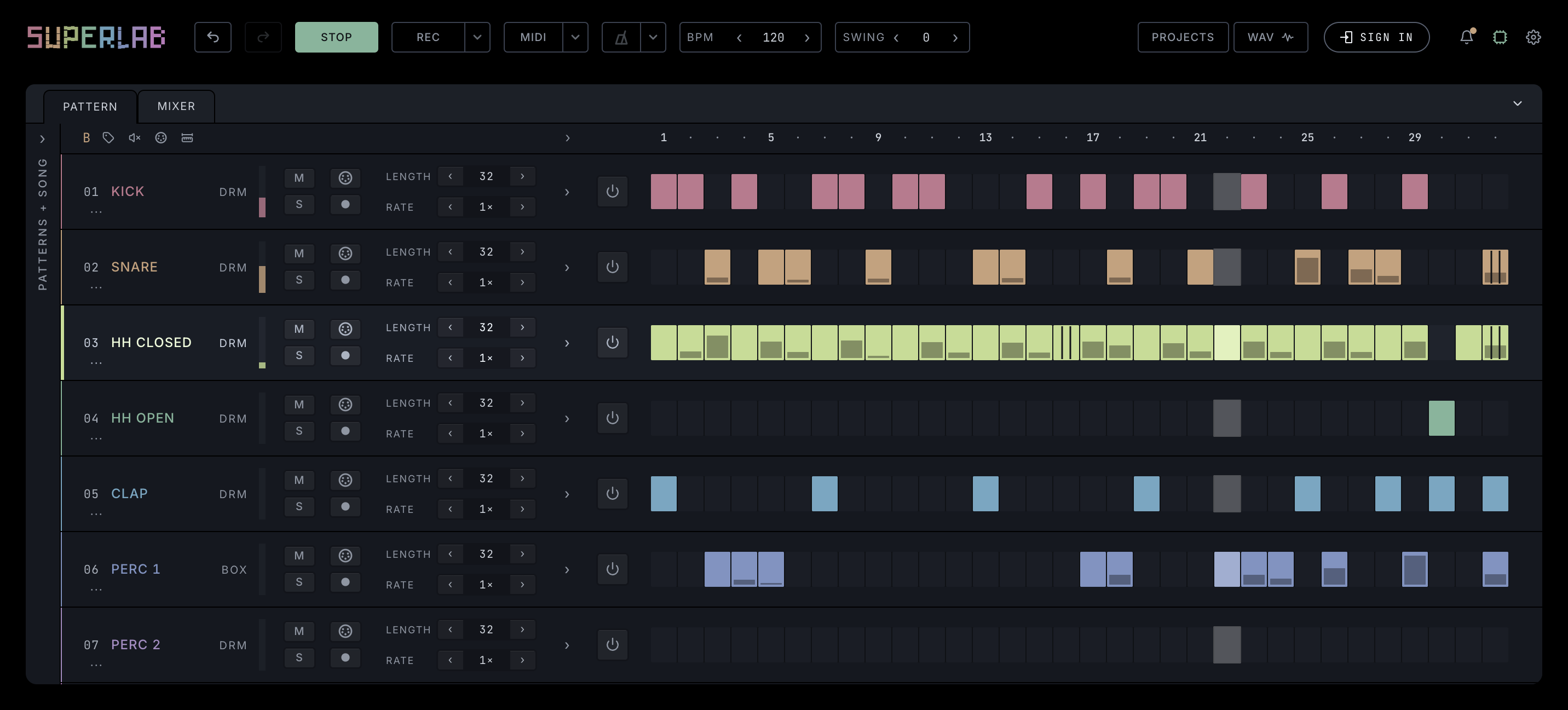 The PATTERN tab: seven drum tracks of 32 steps, playing
